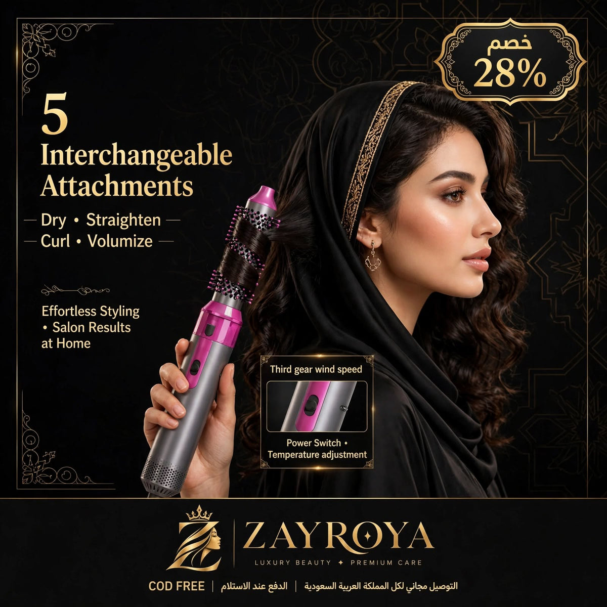 ZAYROYA 5-in-1 Hot Air Brush - Dryer, Straightener, Curler & Volumizer
