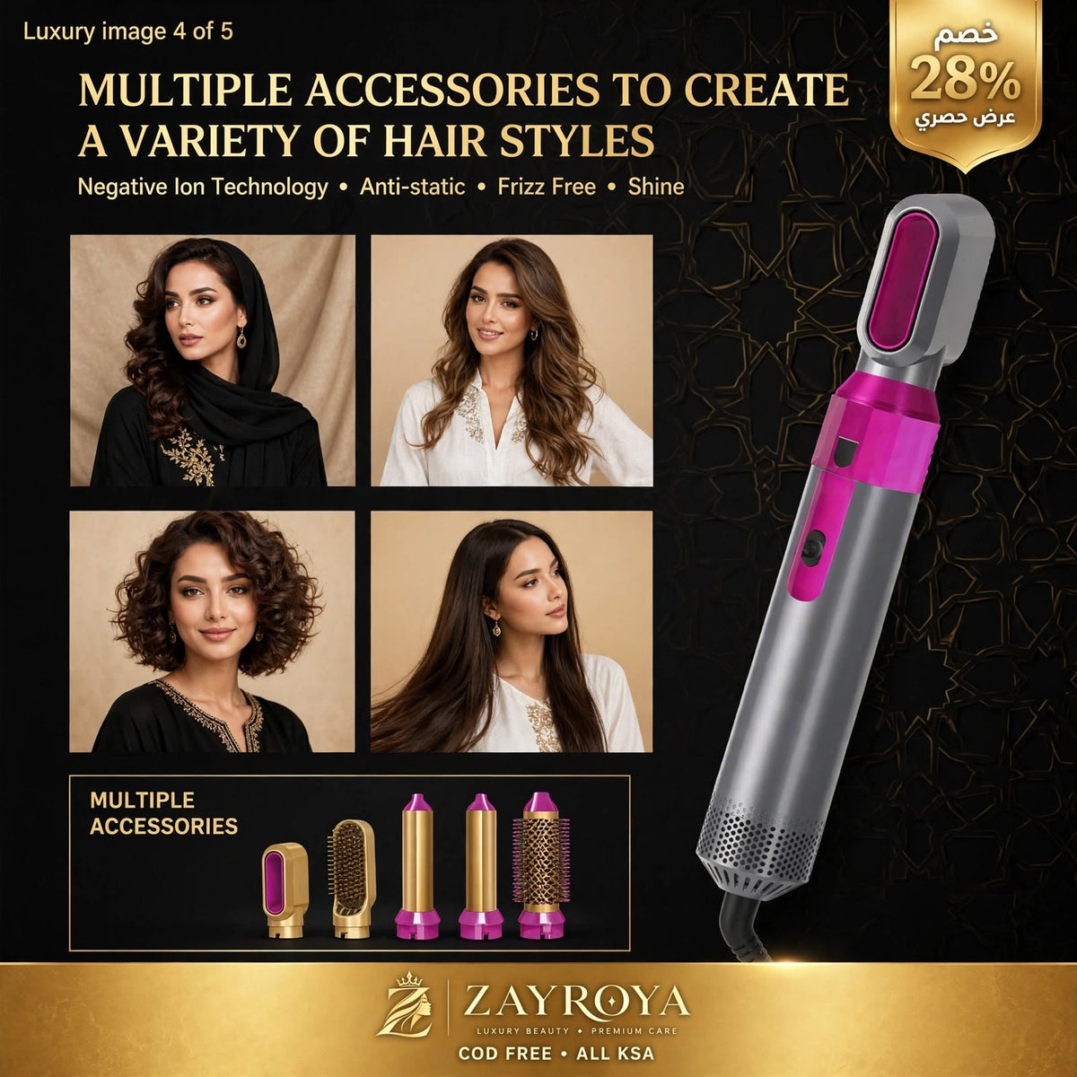 ZAYROYA 5-in-1 Hot Air Brush - Dryer, Straightener, Curler & Volumizer